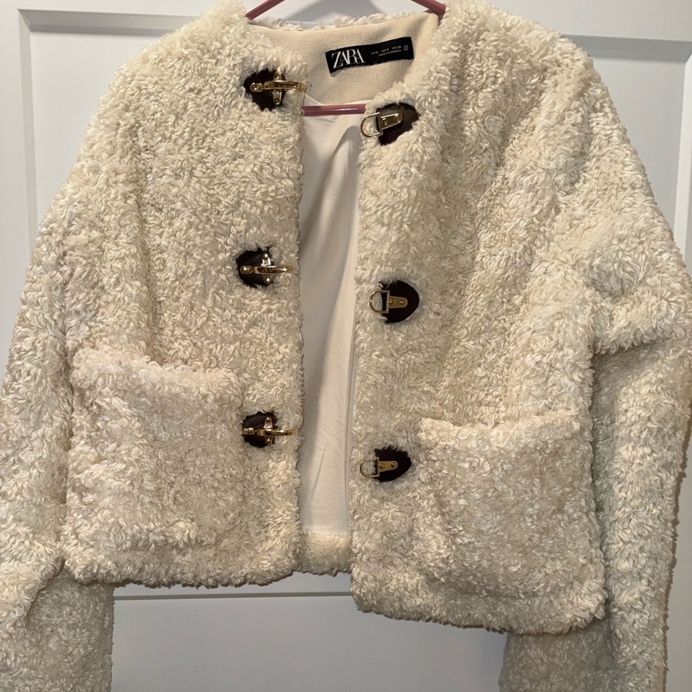 Cream Textured Jacket with Brown Leather Toggle Closures NWOT